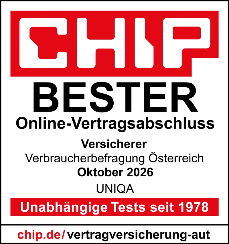 Gütesiegel CHIP mit rotem Logo und der Aufschrift: Bester Online-Vertragsabschluss -- Versicherer -- Verbraucherbefragung Österreich -- Oktober 2026 -- UNIQA.